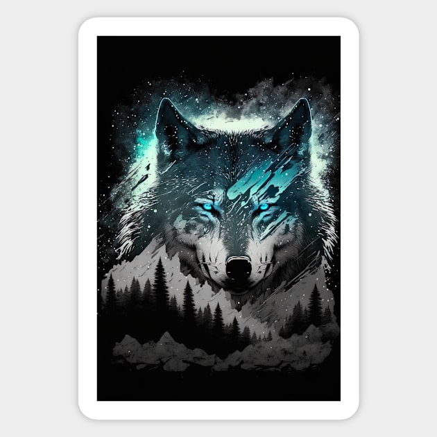 Cool Wolf portrait with teal and grey Sticker by KoolArtDistrict